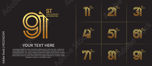 Anniversary logo set with double line number style. golden color with slash can be use for special moment