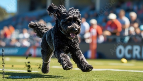 A black dog joyfully runs on a grassy sports field with blurred spectators in the background.