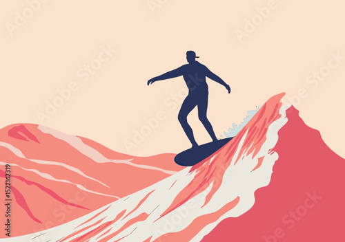 Silhouette of snowboarder riding steep snowy mountain slope with abstract red and pink mountain landscape in flat minimalist style vector illustration