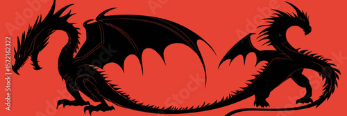 Black dragon silhouette with large wings and curved tails on red background vector illustration flat minimalist style fantasy creature design