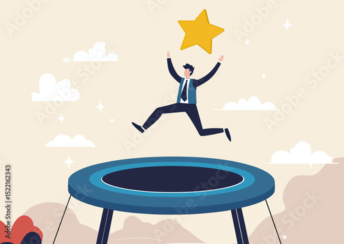 Businessman jumping on trampoline reaching for gold star flying success career goal achievement concept flat vector illustration