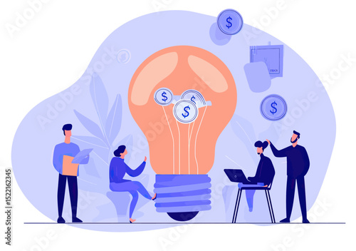 Business team collaborating with giant light bulb and dollar coins representing investment and funding for innovative ideas and startup growth concept