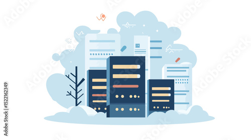 Cloud computing data servers with abstract digital code and network symbols technology infrastructure for web hosting service concept in flat style vector illustration