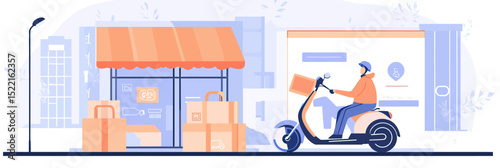 Delivery courier riding scooter carrying parcel boxes outside storefront on city street in flat minimalist style vector illustration for online shopping logistics concept