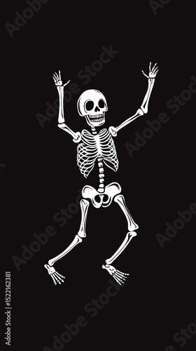 Dancing skeleton illustration with raised arms joyful pose on black background Halloween spooky minimal flat vector design concept