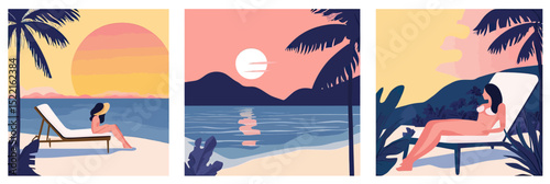 woman sunbathing on beach chair tropical seaside sunset landscape with palm trees minimal flat vector illustration summer vacation relaxation posters set