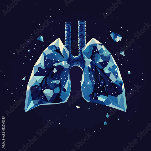 Low poly polygonal broken lungs illustration with starry sky effect and shattered fragments against dark background in blue tones digital vector art