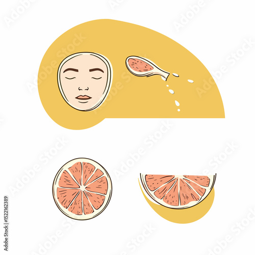 Minimalist flat vector illustration of facial peeling treatment with grapefruit slices and exfoliating scrub spoon on yellow background for skincare concept
