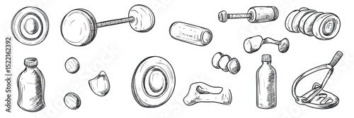 Hand drawn gym fitness equipment sketch set including dumbbells, weight plates, kettlebell, medicine ball, water bottles, and jump rope in minimalist style vector illustration