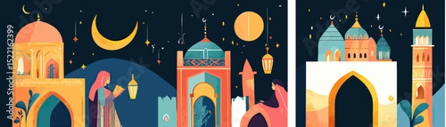 Ramadan Kareem Muslim cityscape mosque crescent lantern starry night sky arabic architecture flat minimalist vector illustration greeting card