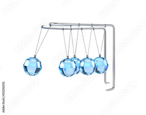 Newtons Cradle with Faceted Blue Spheres and Chrome Frame One Ball Displaced