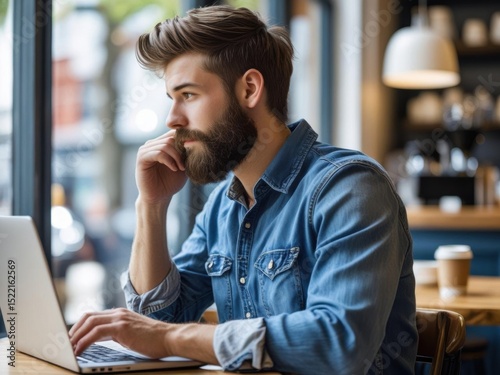 A bearded man in a denim shirt works thoughtfully on a laptop in a cozy cafe with a coffee cup nearby.