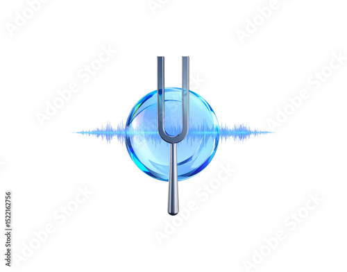 Silver Tuning Fork with Blue Sound Wave Emanating from a Translucent Orb