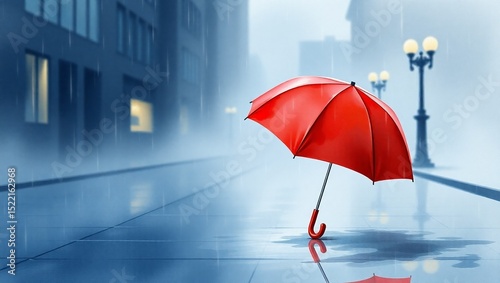 Watercolor Red Umbrella – Rainy Street Mood Scene