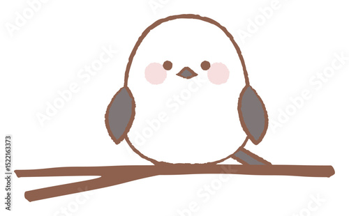 枝に止まるかわいいシマエナガの手描き風イラスト