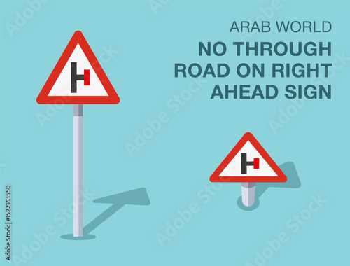 Traffic regulation rules. Isolated Arab world "no through road on right" road sign. Front and top view. Flat vector illustration template.