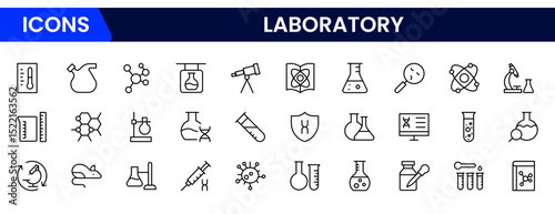 Precise vector web line icons depicting laboratory equipment, scientific research, experiments, analysis, and innovative discoveries in science.