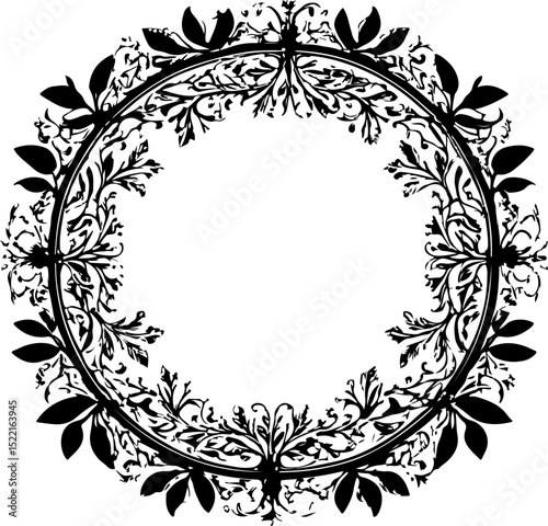 
Intricate circular floral frame, perfect for elegant invitations, sophisticated monograms, and decorative borders, adding a touch of classic beauty and refinement to any project.