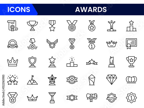 Elegant vector web line icons showcasing awards, trophies, recognition, achievement, and celebratory moments of excellence and success.