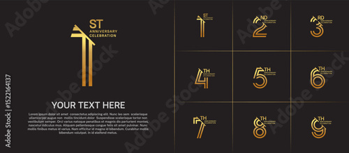 Anniversary logo set with double line number style. golden color with slash can be use for special moment
