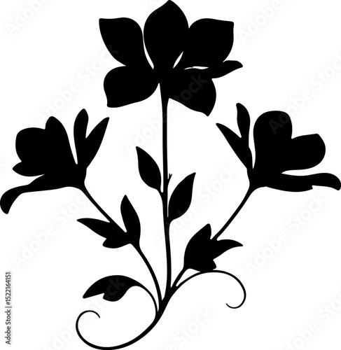 Ornate three-flower silhouette with elegant swirls, perfect for classic designs, sophisticated tattoos, and decorative accents requiring a touch of refined natural beauty.