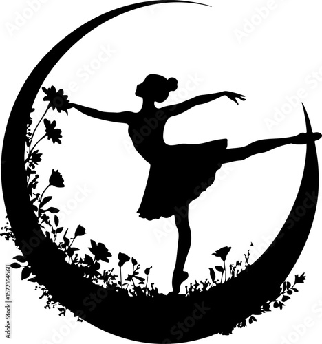Graceful Ballerina Silhouette Dances on a Crescent Moon Adorned with Flowers.
