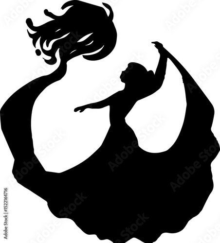 Whimsical Silhouette of a Dancing Figure with Long, Flowing Hair and a Billowing Dress.