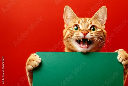 Cat display mockup. Mascot pose in studio. Ð¡ute adult cat munchkin hold in front paws a concept - large green lane sign. Promo buddy with sign. Isolated cat on a solid dress code red background.