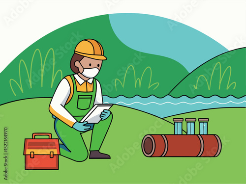 Wastewater Treatment Worker Inspecting Water Quality,Environmental Inspector Testing Wastewater for Purity,Worker Testing Water Samples Near a Wastewater Pipe,water monitoring,wastewater engineer,eco