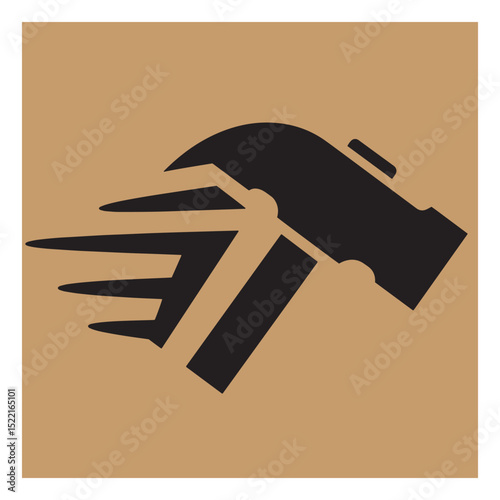 Dynamic black hammer icon on a beige background suitable for construction and repair concepts