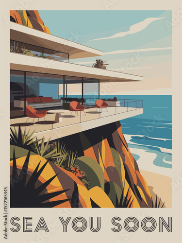 Retro summer poster with a sea beach view and a mid-century modern villa on a cliff. Vintage travel illustration in minimalist style. Coastal landscape vector art