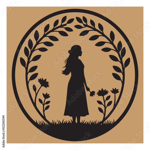 Elegant silhouette of a woman holding a flower surrounded by floral elements in a circle
