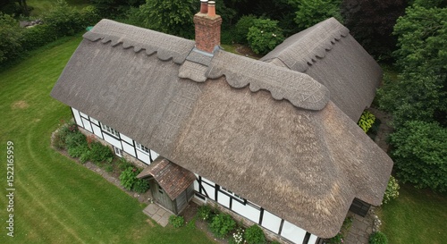 Picturesque thatched roof cottage nestled within lush green landscape view from above