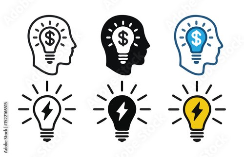 Human Head and Light Bulb Icons Representing Ideas, Innovation, and Energy Concepts