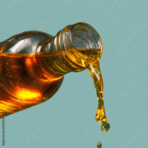 Close up shot of golden liquid pouring from a glass bottle against a light blue solid background
