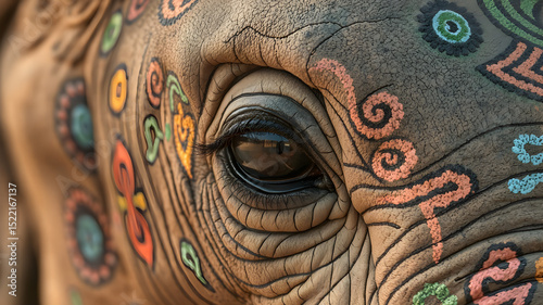 A stunning close-up of an elephant's eye decorated with vibrant and intricate traditional paintings, representing the culture, beauty and art of animals.
