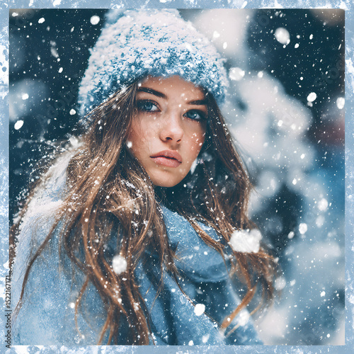 A woman with a blue hat and scarf stands in the snow with snowflakes falling around her face and hair
