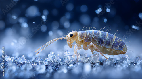 Close up of a snow flea walking on ice crystals against a blurred blue and white background bokeh effect