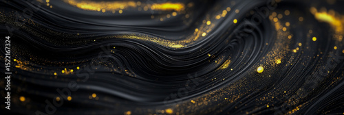 The elegant black and gold background features fluid black waves and liquid ink textures, flowing organic lines, shimmering gold drops, and a richly textured, dynamic surface.