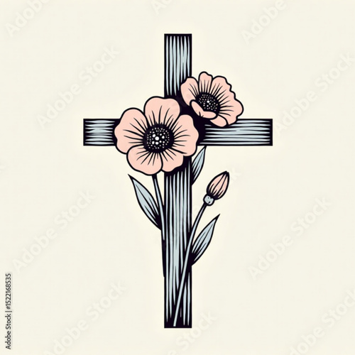 Wooden cross adorned with pink flowers and greenery in a delicate design