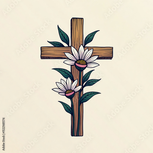 Wooden cross adorned with white flowers and green leaves in a beautiful design