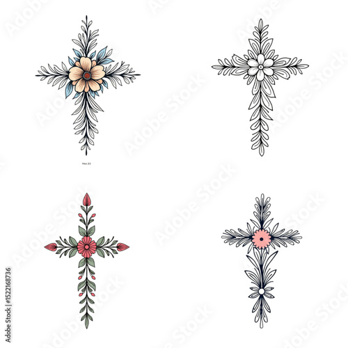 Collection of beautifully designed floral crosses with vibrant colors and intricate details