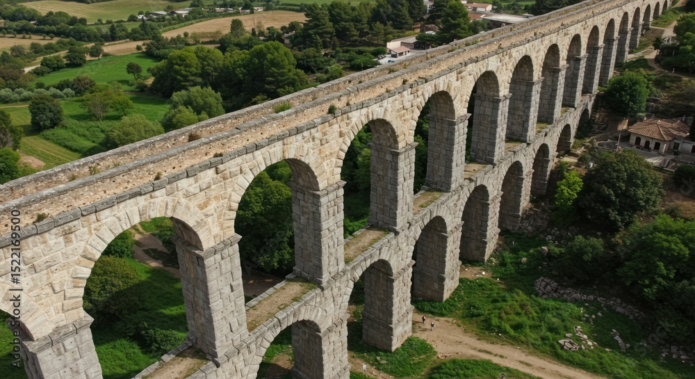 Obraz premium Ancient Stone Aqueduct Spanning Across Lush Green Landscape from Above View