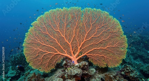 Vibrant seafan coral displaying intricate branch patterns underwater scenery view