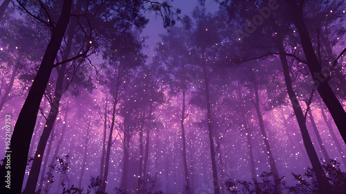 A view looking up through trees in a purple forest with floating lights and a dark blue sky above