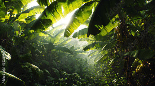 Sunlight shining through dense banana tree canopy creating a lush green jungle environment view