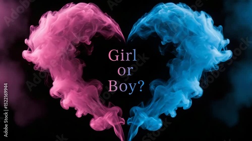 Pink and blue smoke forming heart shape with “Girl or Boy?” text inside, baby show background, 4K
