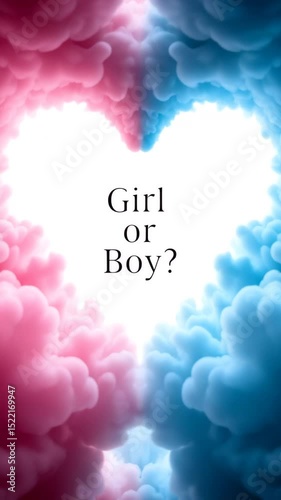 Pink and blue smoke forming heart shape with “Girl or Boy?” text in the middle, baby show background, 4K
