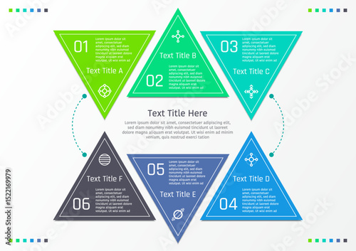 6 options business infographic template, theme of arranged triangle frame with text frame and number
