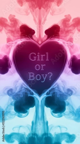 Pink and blue smoke creating heart shape with “Girl or Boy?” text in the center, baby show background, 4K
